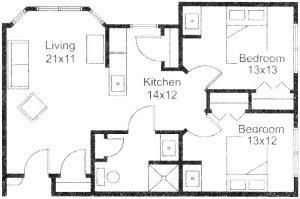 A simple floor plan showing the layout of an apartment with labeled living room, kitchen, and bedrooms.