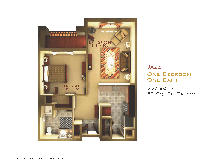 A floor plan of a one-bedroom apartment featuring a combined living and dining area, kitchen, bathroom, and balcony.
