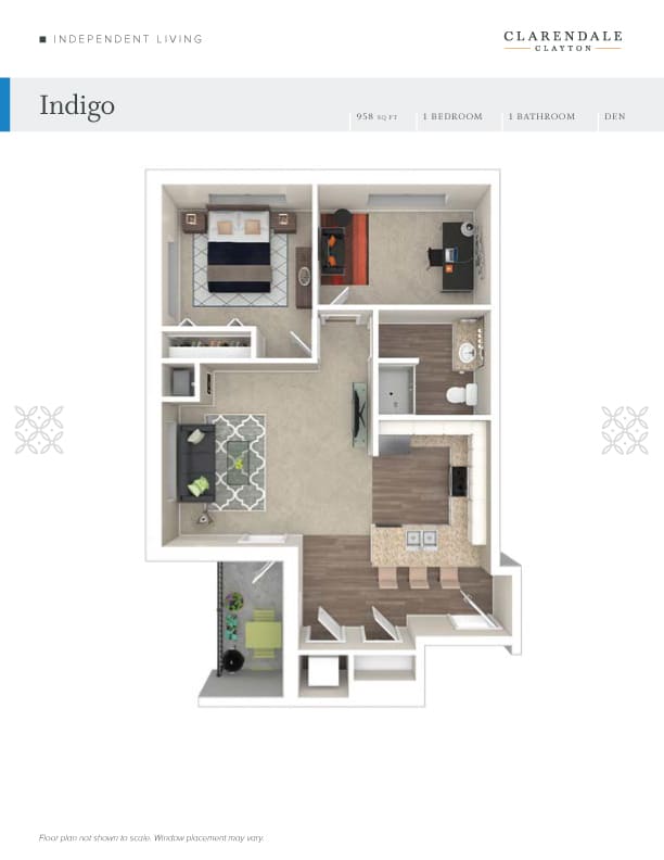 A 3D floor plan of a one-bedroom apartment showcasing the interior layout and design.