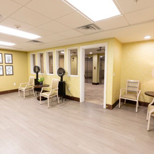 A bright and clean waiting area with chairs and decorative elements.