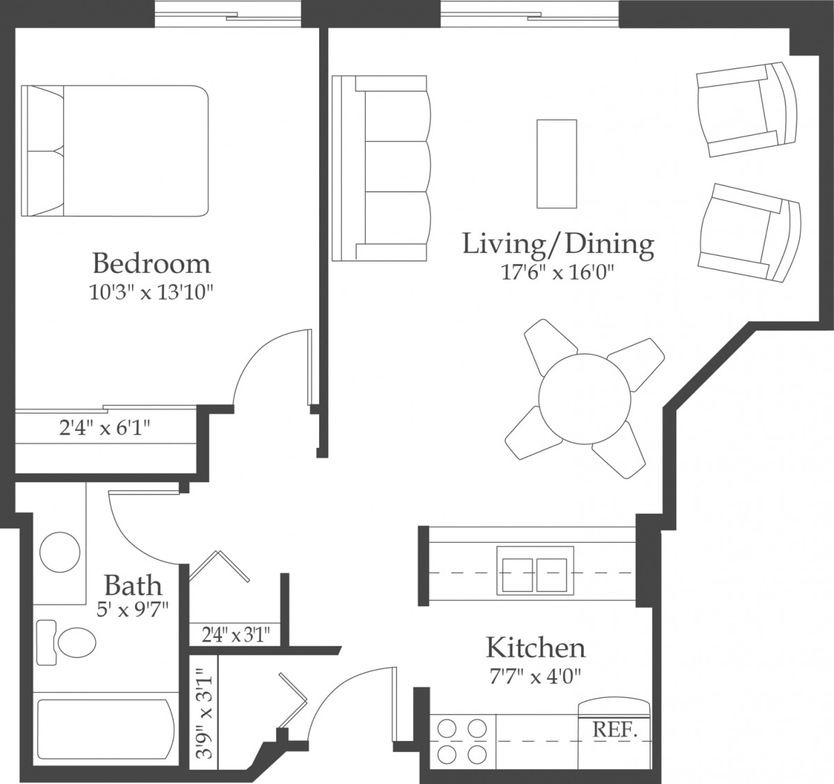 A floor plan of an apartment showing a bedroom, bathroom, kitchen, and living/dining area.