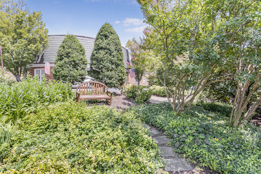 A tranquil garden space featuring a wooden bench surrounded by lush greenery and a winding pathway.