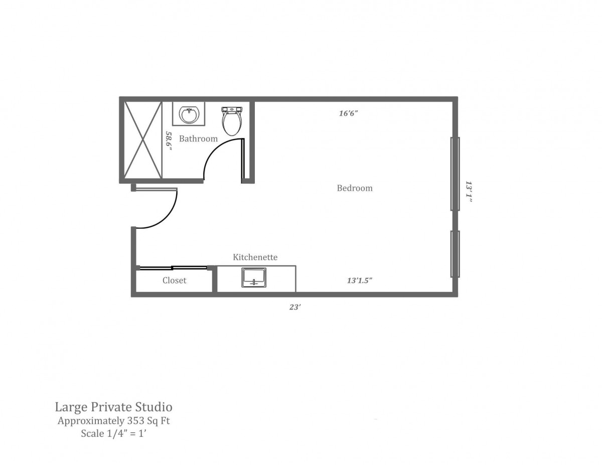 Floor plan of a small studio apartment with bathroom and kitchenette.