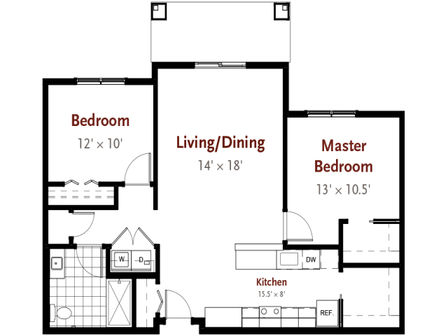 Floor plan of a two-bedroom apartment with living/dining area, kitchen, and bathrooms.
