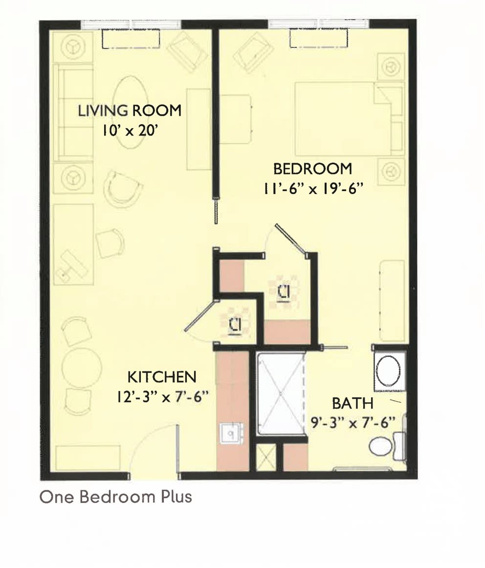One-bedroom plus apartment floor plan layout.