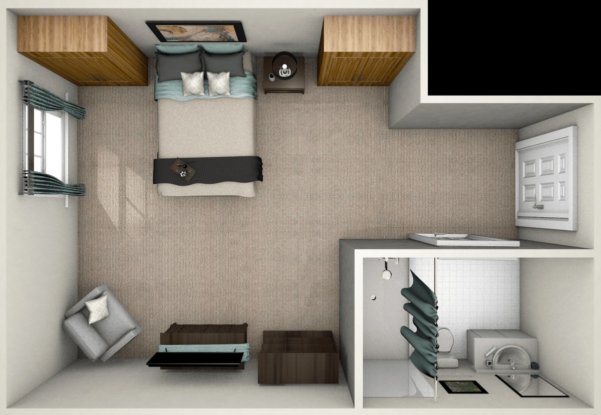 Top-down view of a modern bedroom interior with neatly arranged furniture.
