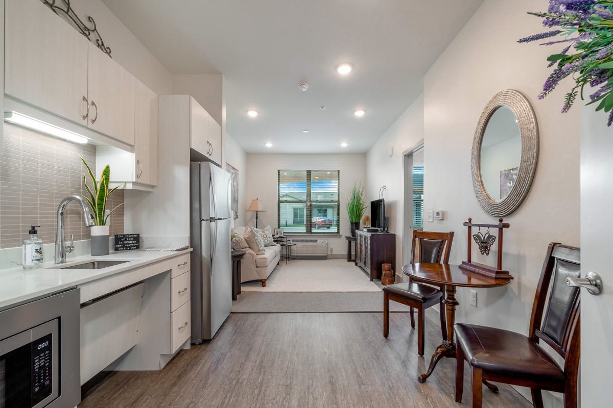 A modern open-layout living area with a kitchen, featuring wood flooring and contemporary decor.