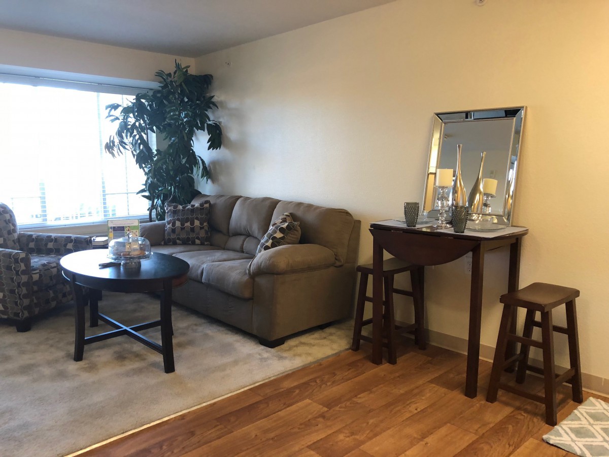 A cozy living room with a sofa, coffee table, and decorative elements.