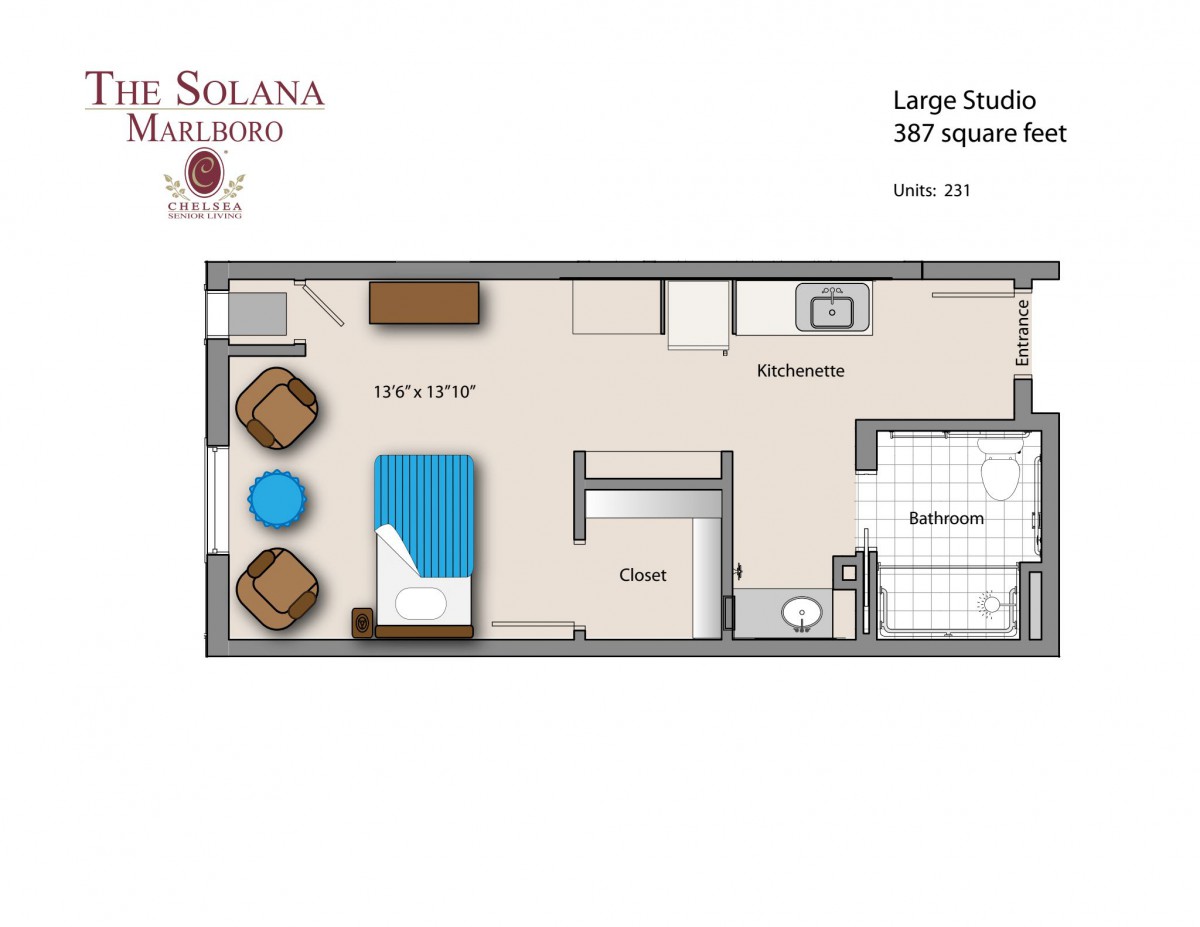 Floor plan of a large studio apartment with labeled areas and furniture layout.