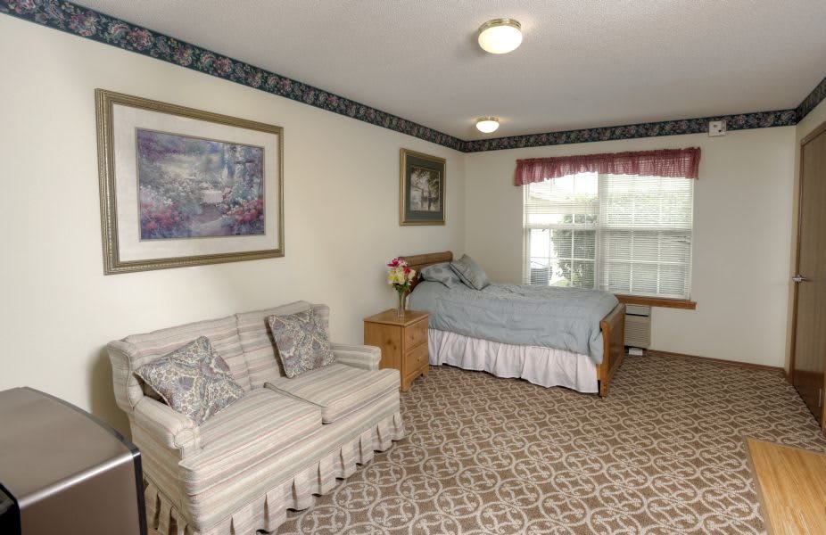 A cozy bedroom with a single bed, sofa, and decorative elements.