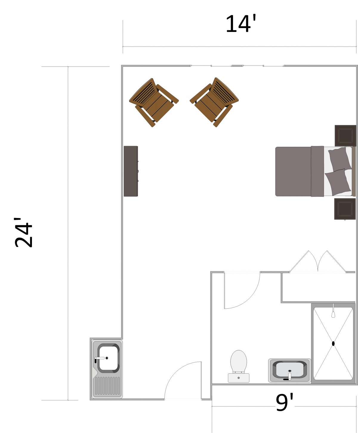 A floor plan showing a bedroom and bathroom layout with furniture placement.