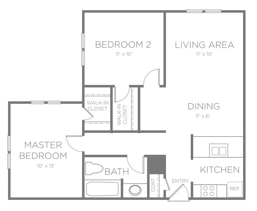 A floor plan layout featuring two bedrooms, a living area, dining space, kitchen, and bathroom.