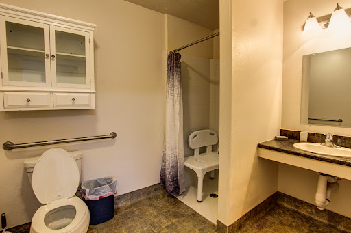 A clean and accessible bathroom featuring a toilet, shower area, and sink.