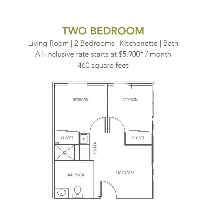 Floor plan of a two-bedroom apartment with living room, kitchenette, and bath.