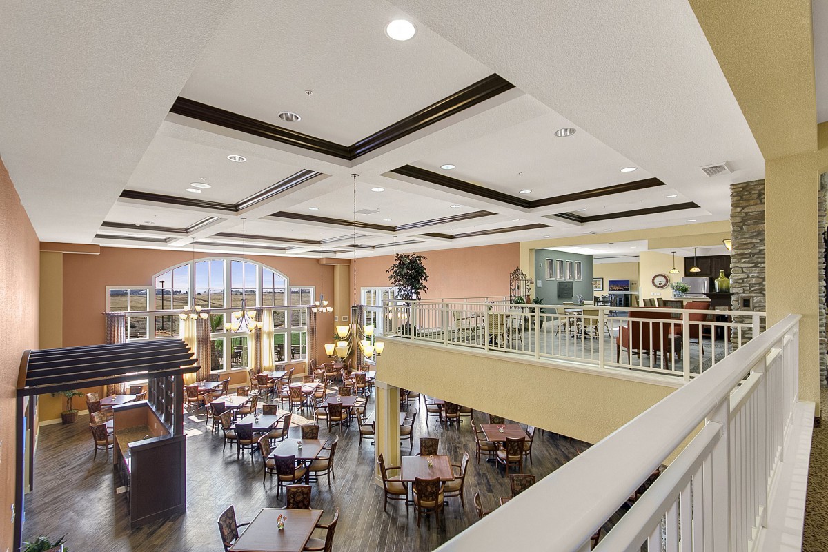 Spacious dining area with modern design and ample seating.
