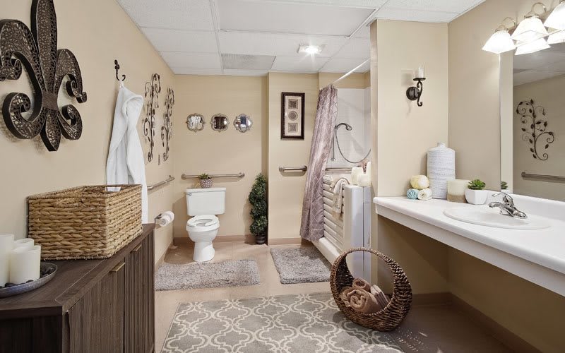 A well-decorated bathroom featuring a toilet, shower, sink, and various decorative elements.