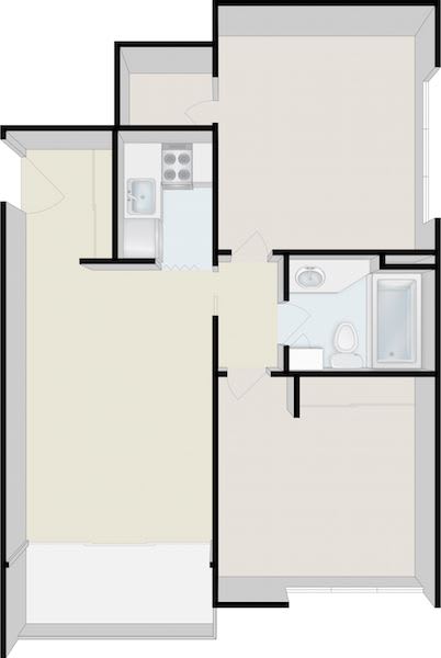 A simple floor plan showing a small apartment layout with a kitchen and bathroom.