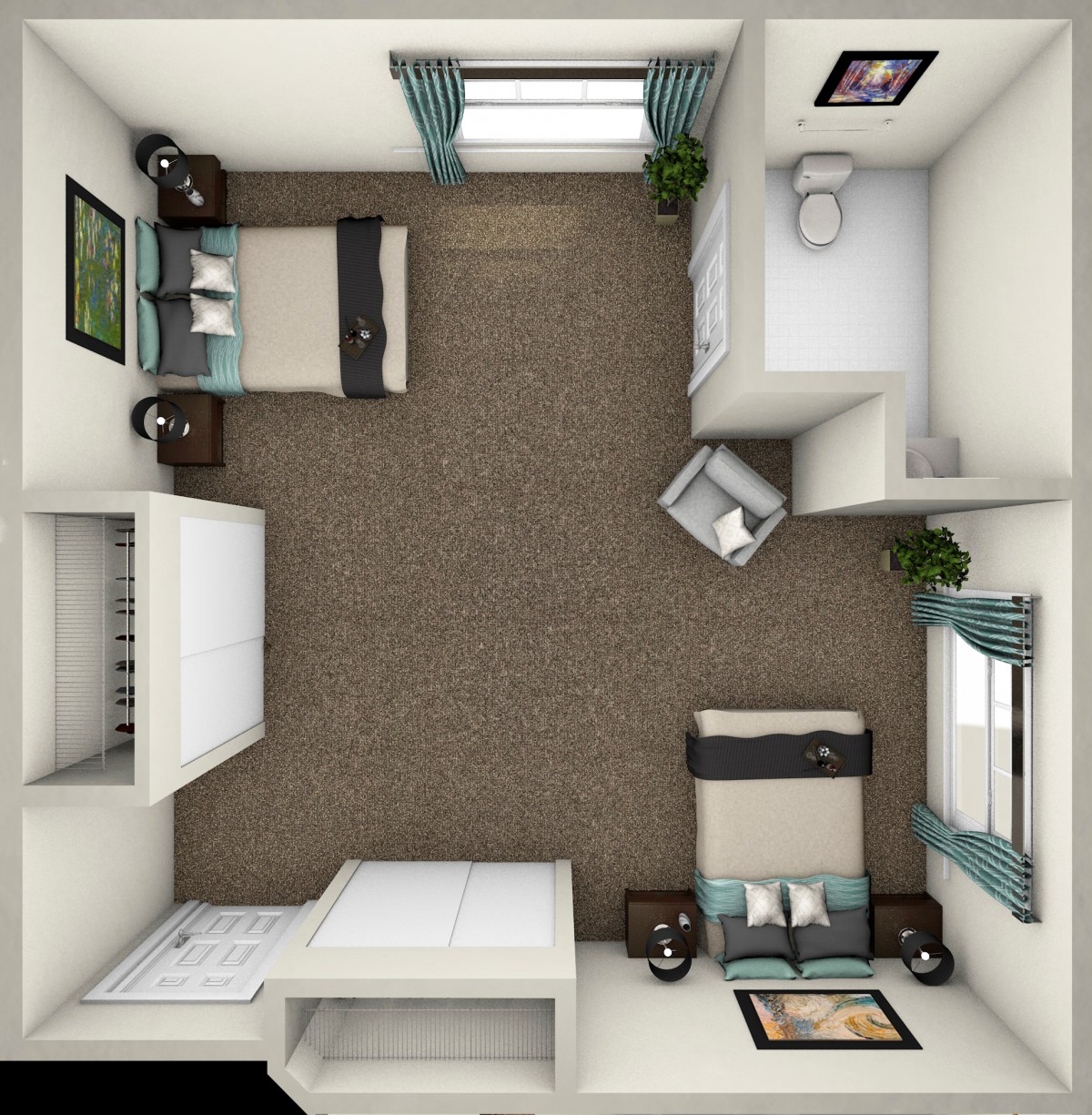 A top-down view of a bedroom floor plan with two beds and furniture arrangement.