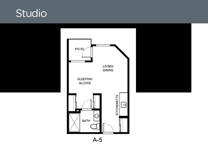 Floor plan of a studio apartment layout featuring a living/sleeping area, kitchen, bathroom, and closet.