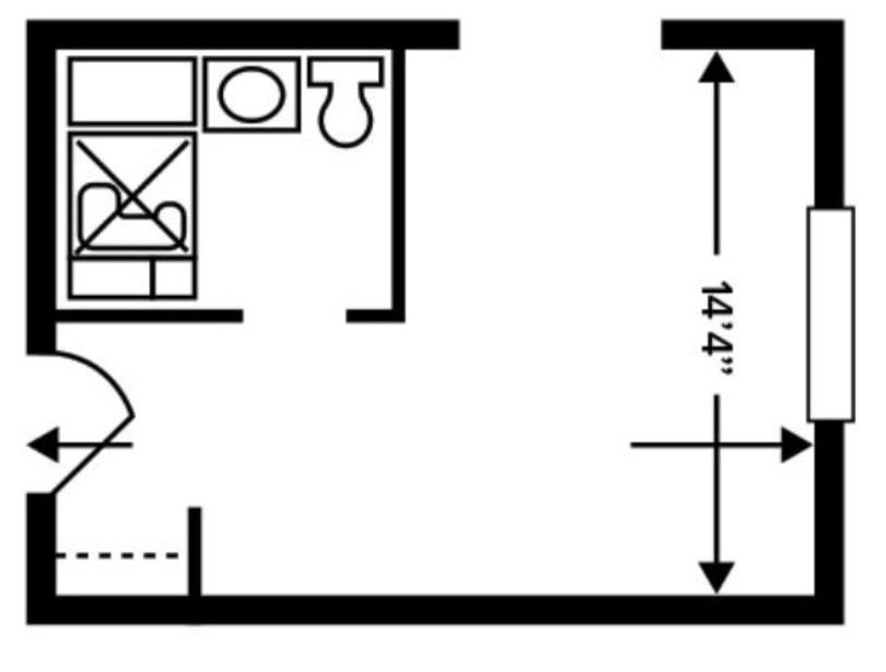 A simple architectural floor plan layout with measurements and room divisions.