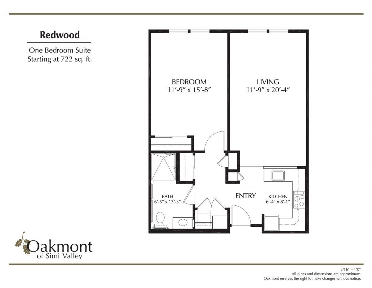A floor plan of a Redwood apartment suite featuring a single bedroom, living room, kitchen, and bathroom with a total area of 702 square feet.