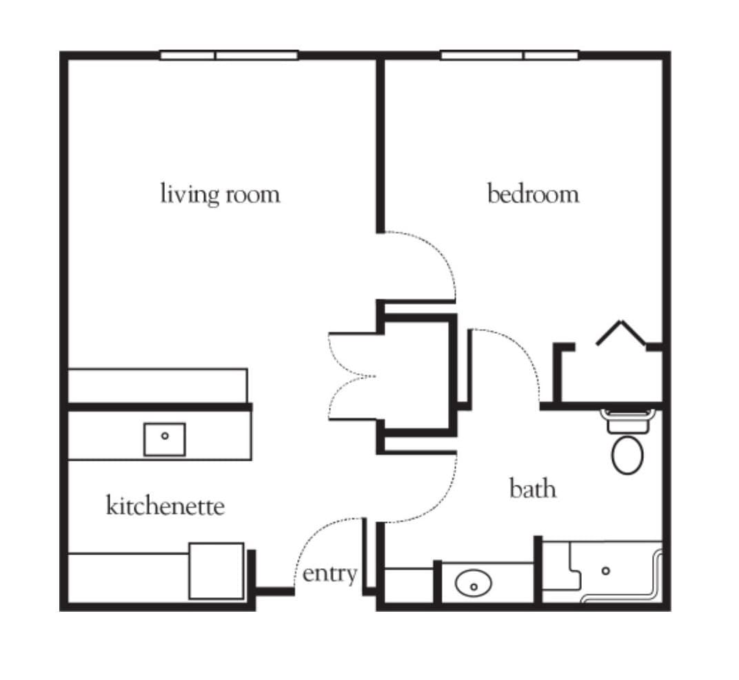 A simple floor plan of a one-bedroom apartment featuring a living room, kitchenette, and bathroom.