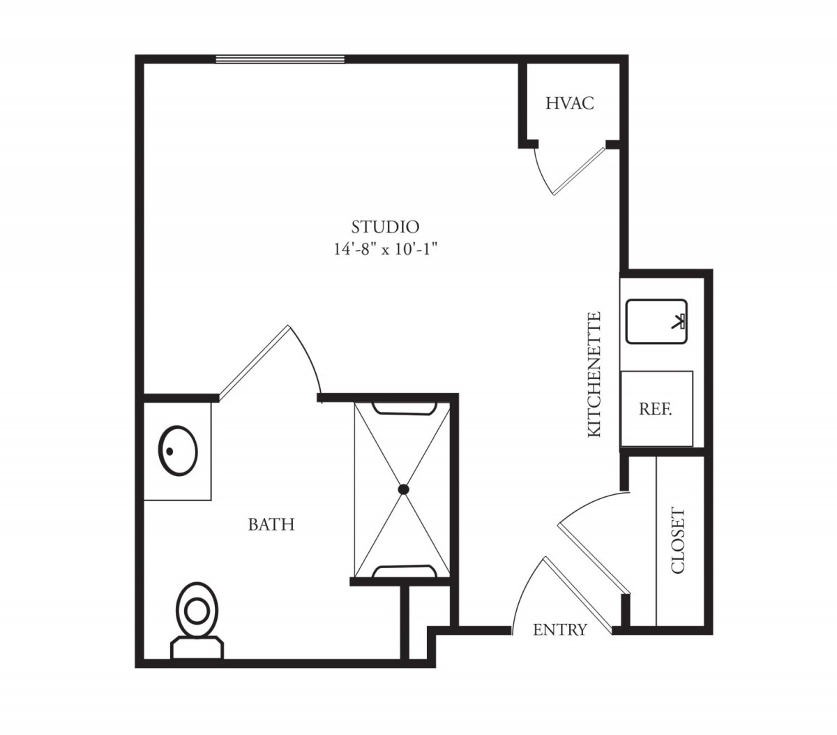 A floor plan of a studio apartment featuring a living area, bathroom, kitchenette, and closet.