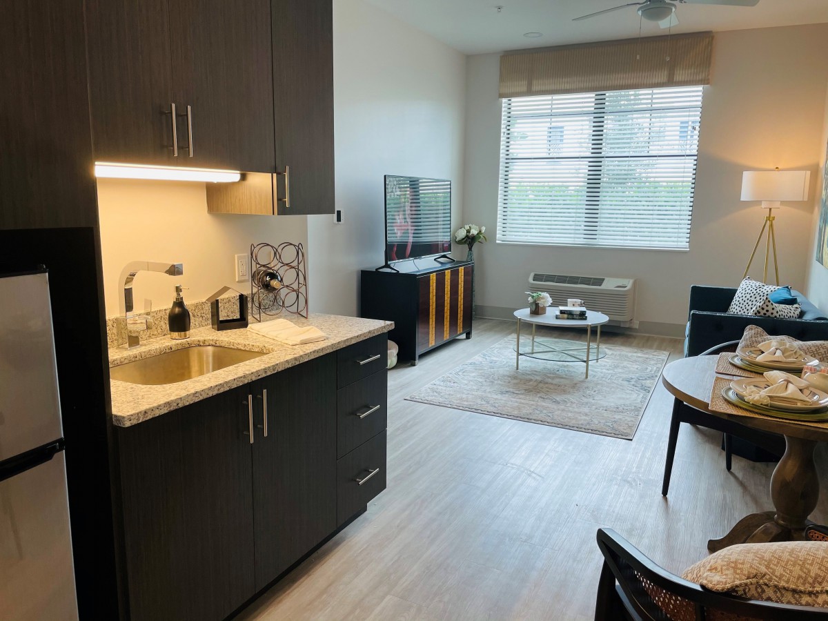 A modern apartment with an open kitchen and cozy living area.