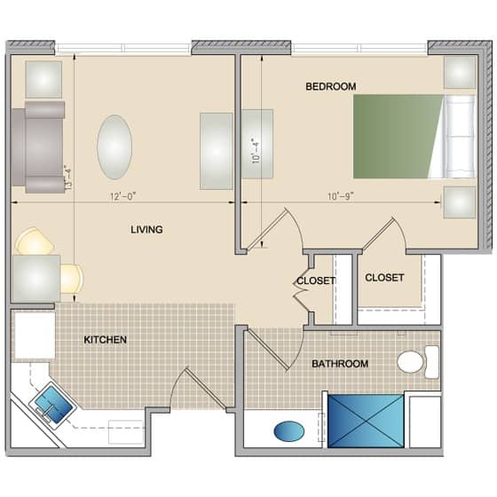 One-bedroom apartment floor plan with living room, kitchen, bathroom, and closets.