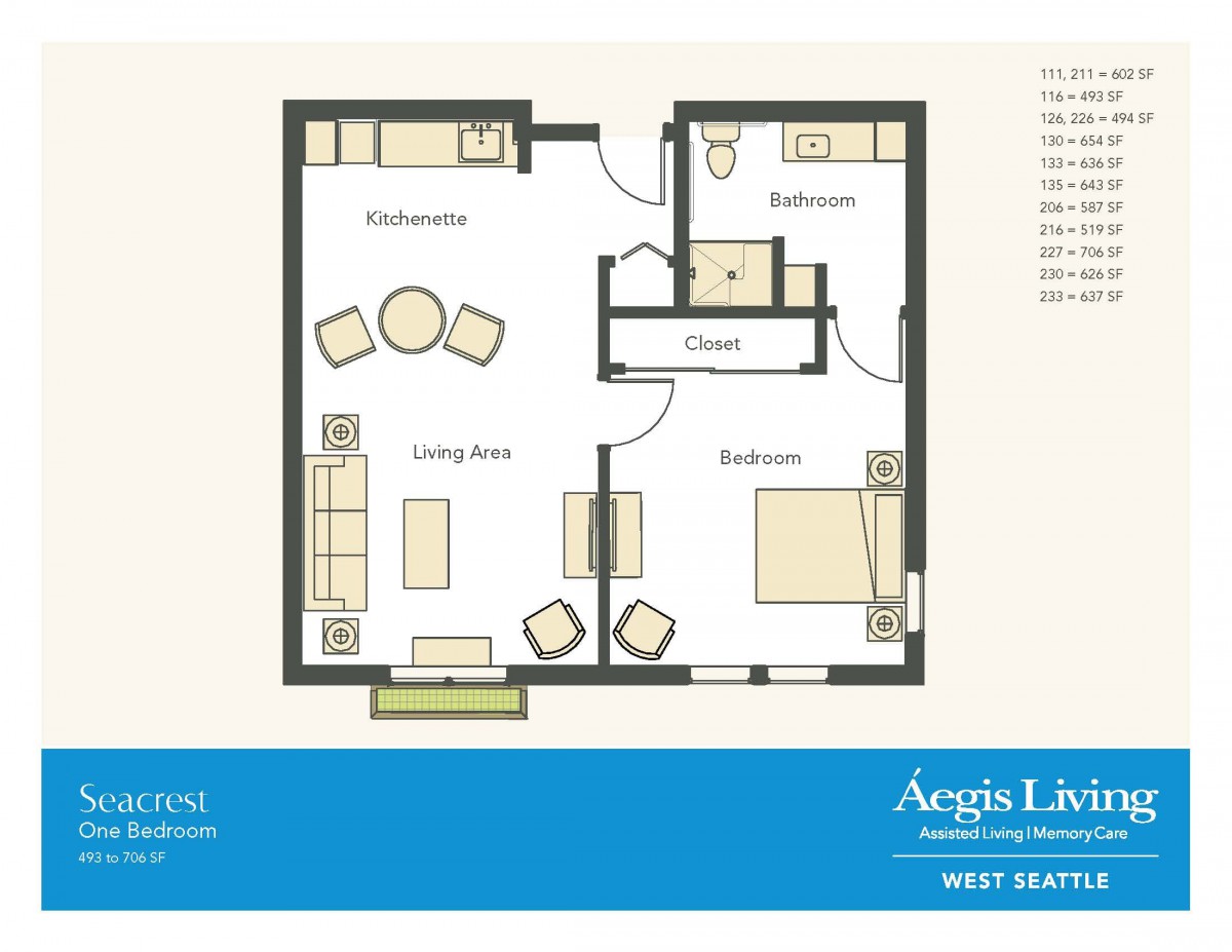 A floor plan of a one-bedroom apartment featuring a living room, kitchen, bathroom, and closet space.
