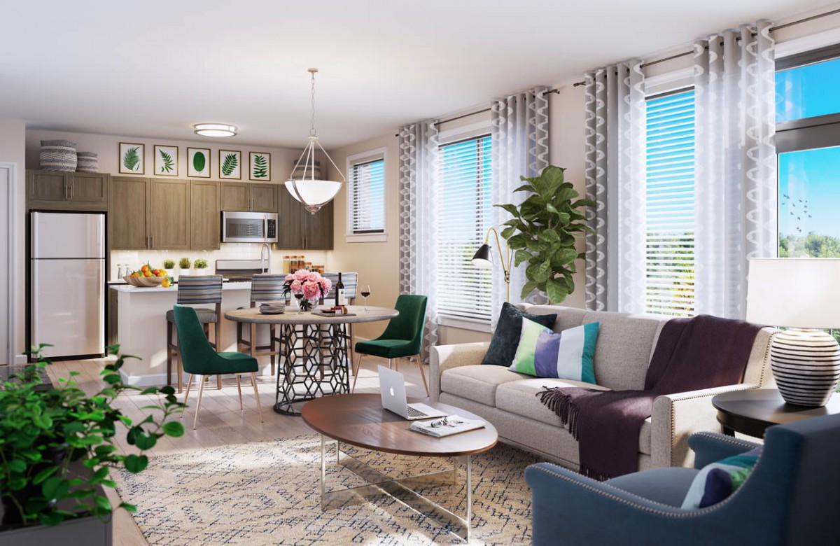 A modern open-space living room and kitchen with stylish decor and furniture.
