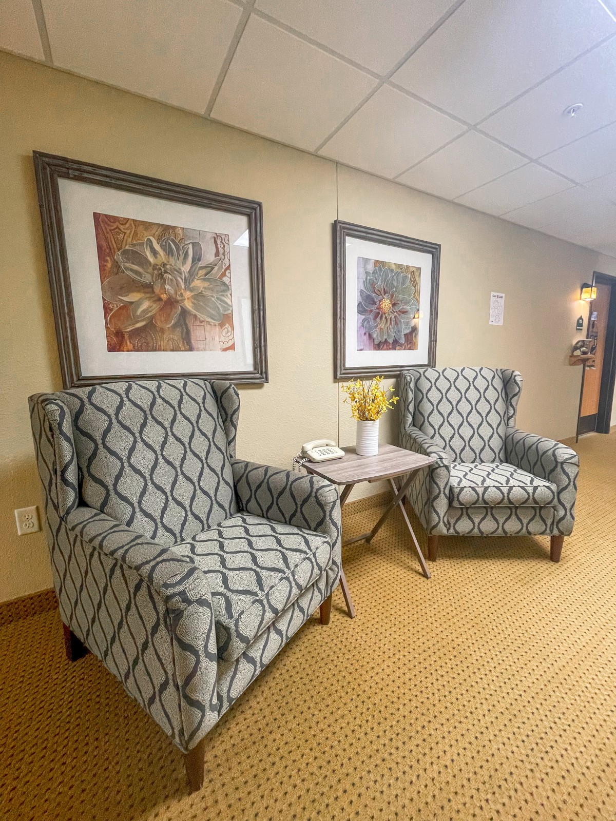 A cozy seating area with two patterned chairs and framed artwork on the wall.