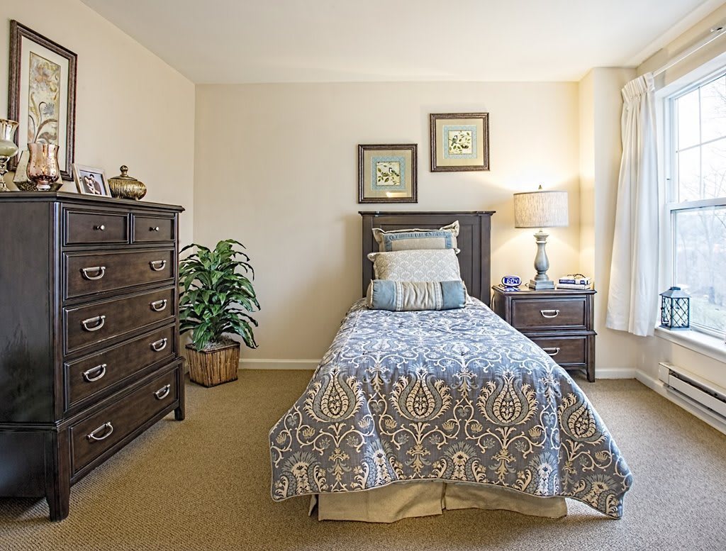A cozy bedroom with a single bed, dresser, and decorative elements.