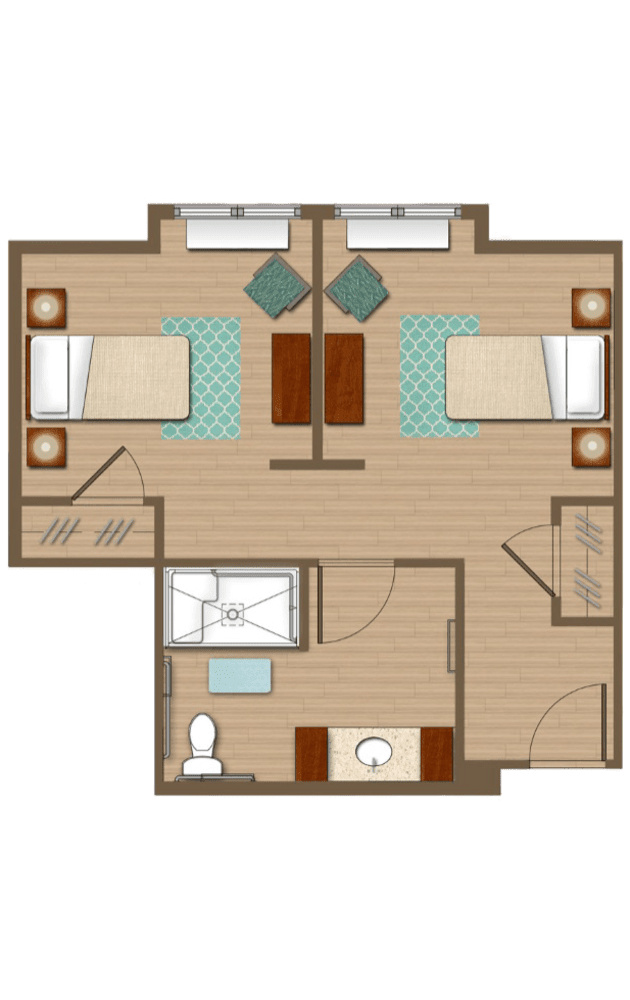A floor plan featuring two bedrooms with shared bathroom and entrance area.