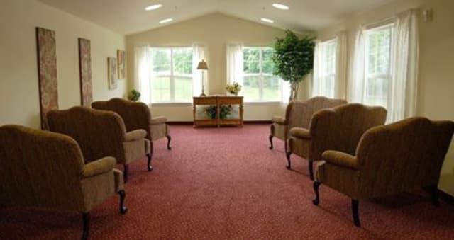 A spacious living room with sofas, a red carpet, large windows, and indoor plants.