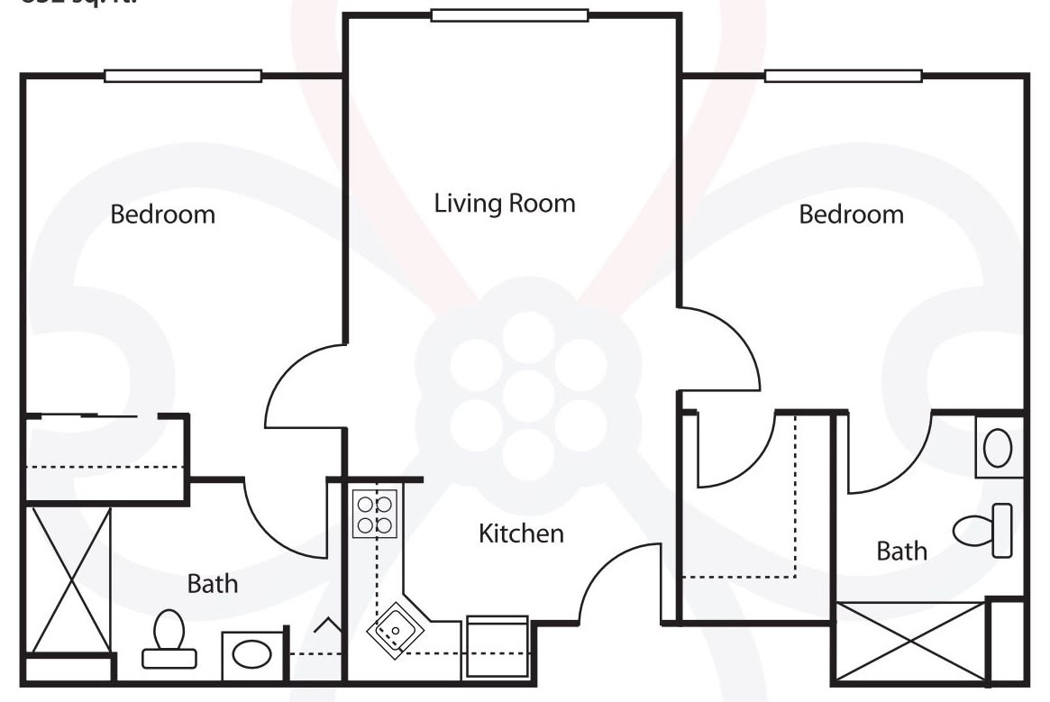 A floor plan of an apartment including a living room, two bedrooms, a kitchen, and a bath.