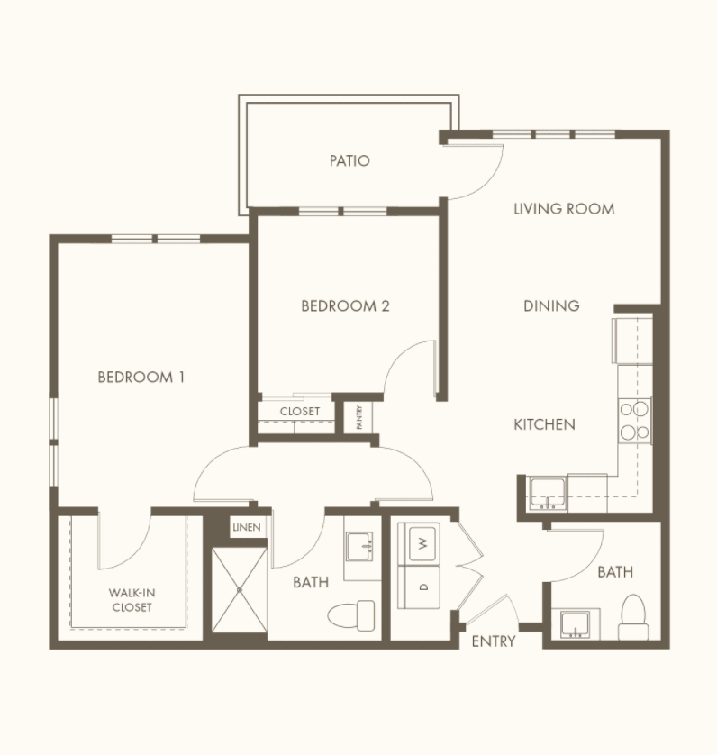 A floor plan of a two-bedroom apartment featuring a living room, kitchen, bathroom, and patio.