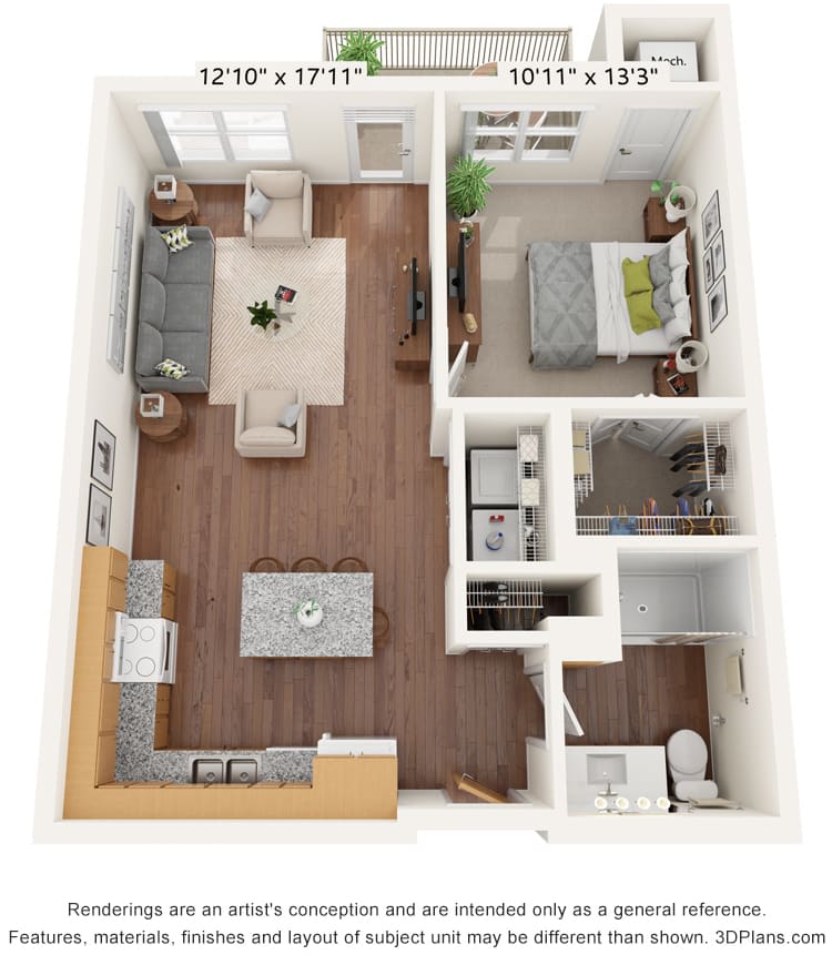 This is a floor plan of a one-bedroom apartment featuring an open kitchen and living area.