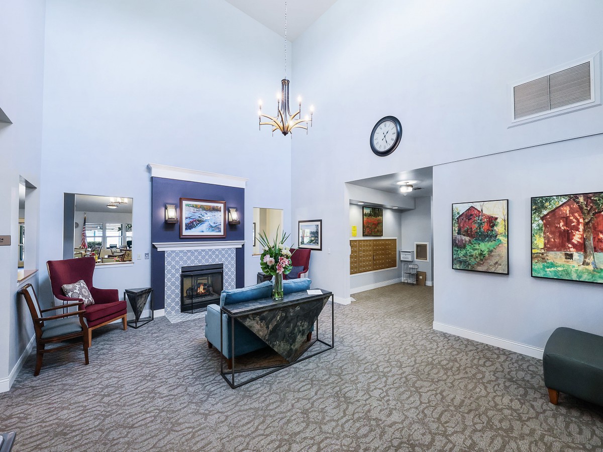 A spacious and elegantly decorated living room featuring a fireplace, chandelier, and comfortable seating.