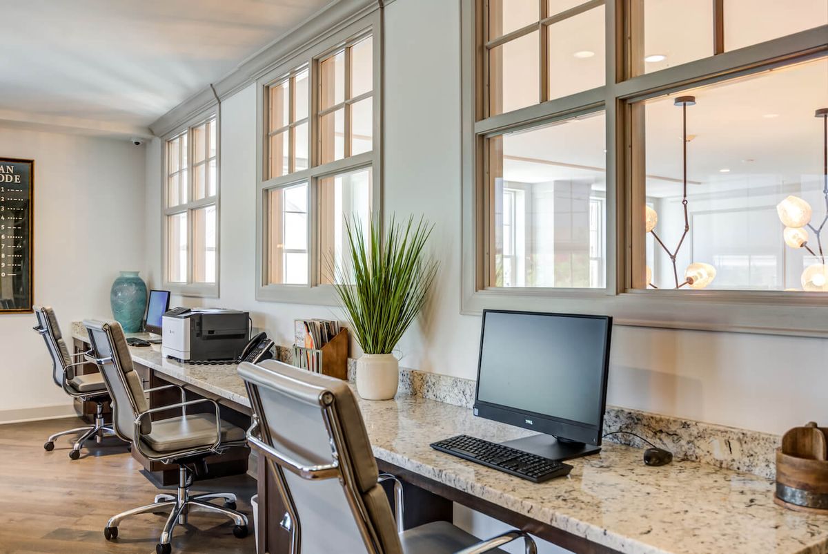 A modern office workspace with computers and comfortable seating, accented by large windows and a touch of greenery.