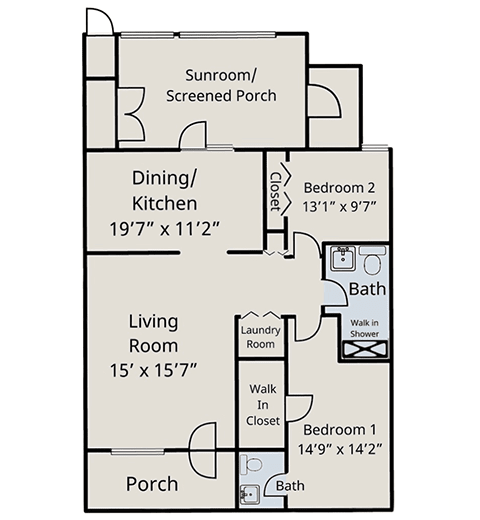 A floor plan of a residential layout with two bedrooms, a living room, dining/kitchen area, bathroom, sunroom/screened porch, and laundry closet.