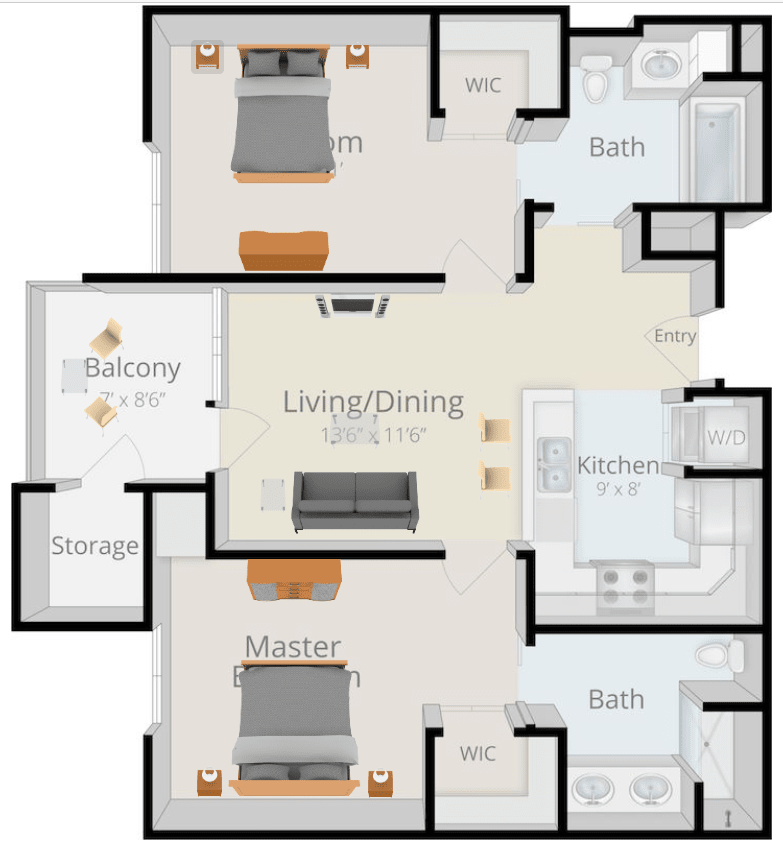 A floor plan of a two-bedroom apartment featuring a living/dining area, kitchen, two bathrooms, and balconies.