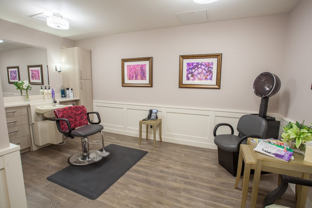 A well-appointed hair salon with styling chairs, artwork on the walls, and a cozy waiting area.
