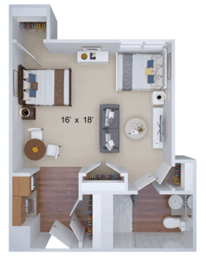 A 3D floor plan showcasing a one-bedroom apartment with a living room, kitchen, and bathroom.