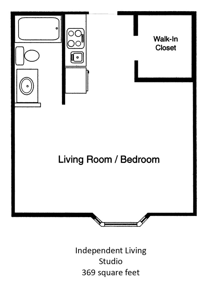 A simple floor plan of a studio apartment featuring a combined living room and bedroom area, kitchen, bathroom, and closet.