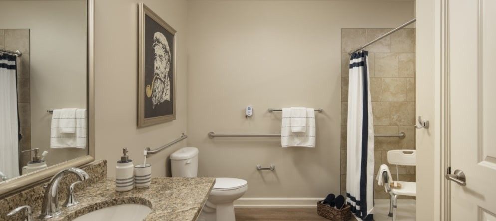 A well-organized, accessible bathroom with a shower and modern decor.
