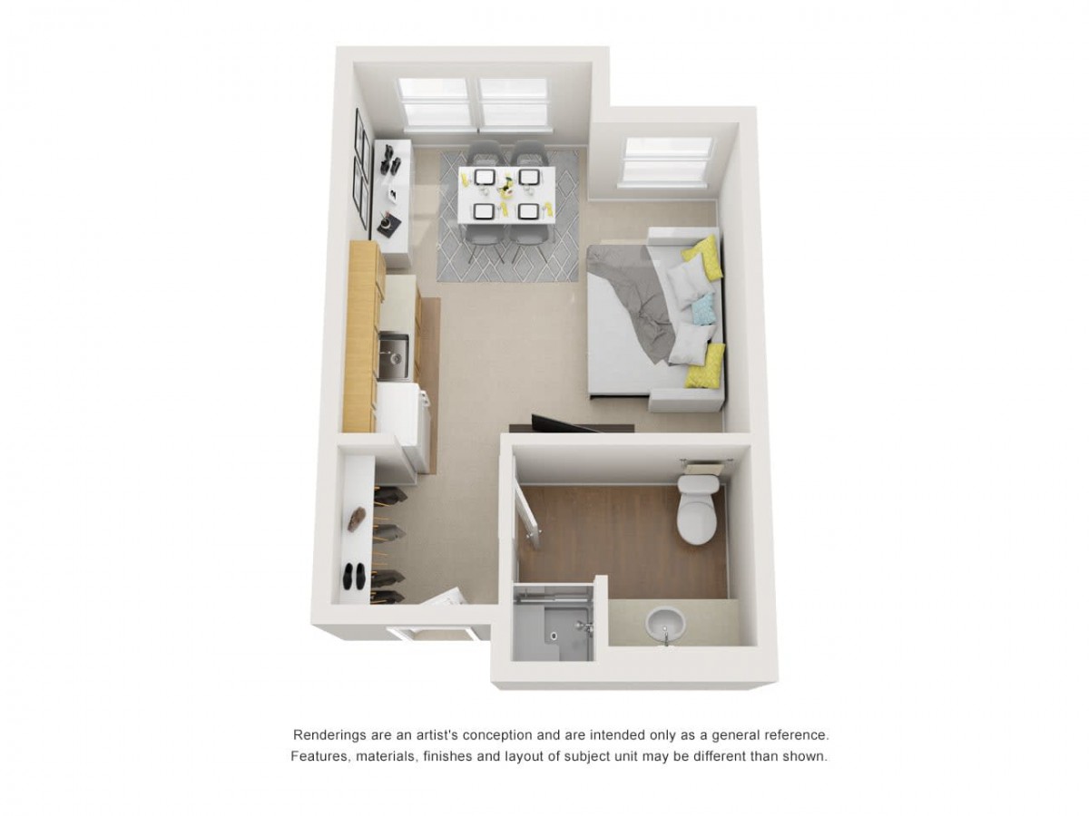 3D floor plan of a studio apartment with an open living and sleeping area, kitchen, and bathroom.