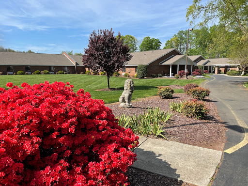 A serene residential garden featuring vibrant red flowers and well-kept landscaping.