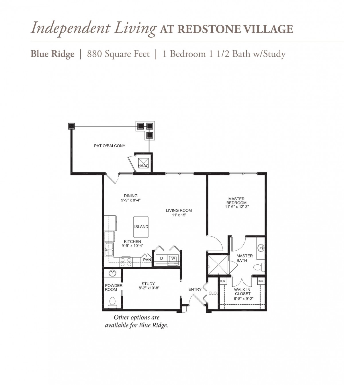 Floor plan for a 2-bedroom, 1.5-bath apartment at Redstone Village, Blue Ridge model.