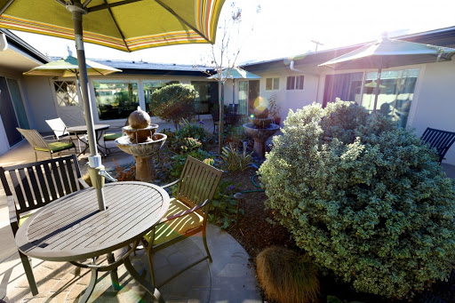 A serene outdoor garden space with a table, chairs, and an umbrella surrounded by lush greenery.